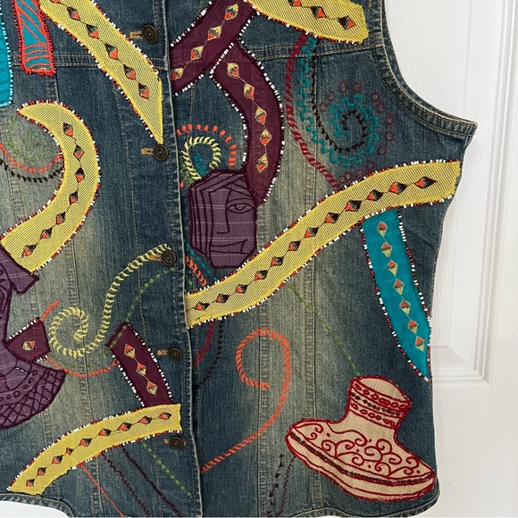 CHICO’S DENIM ABSTRACT COLOURFUL EMBROIDERED VEST - Picture 10 of 13